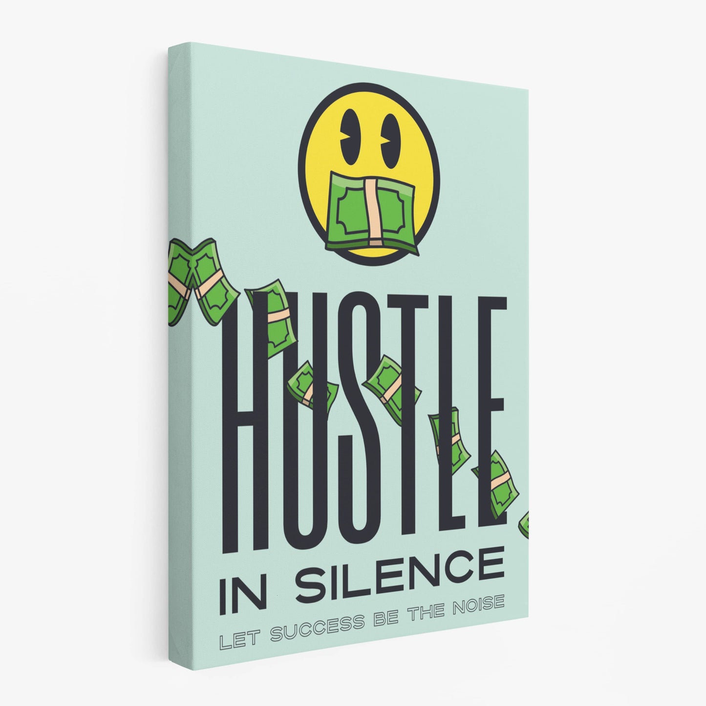 RYCANVAS Hustle in Silence Let Success Be The Noise Smiley Face Motivational Canvas Wall Art - Office Millionaire Pop Art Alec Monopoly Decor