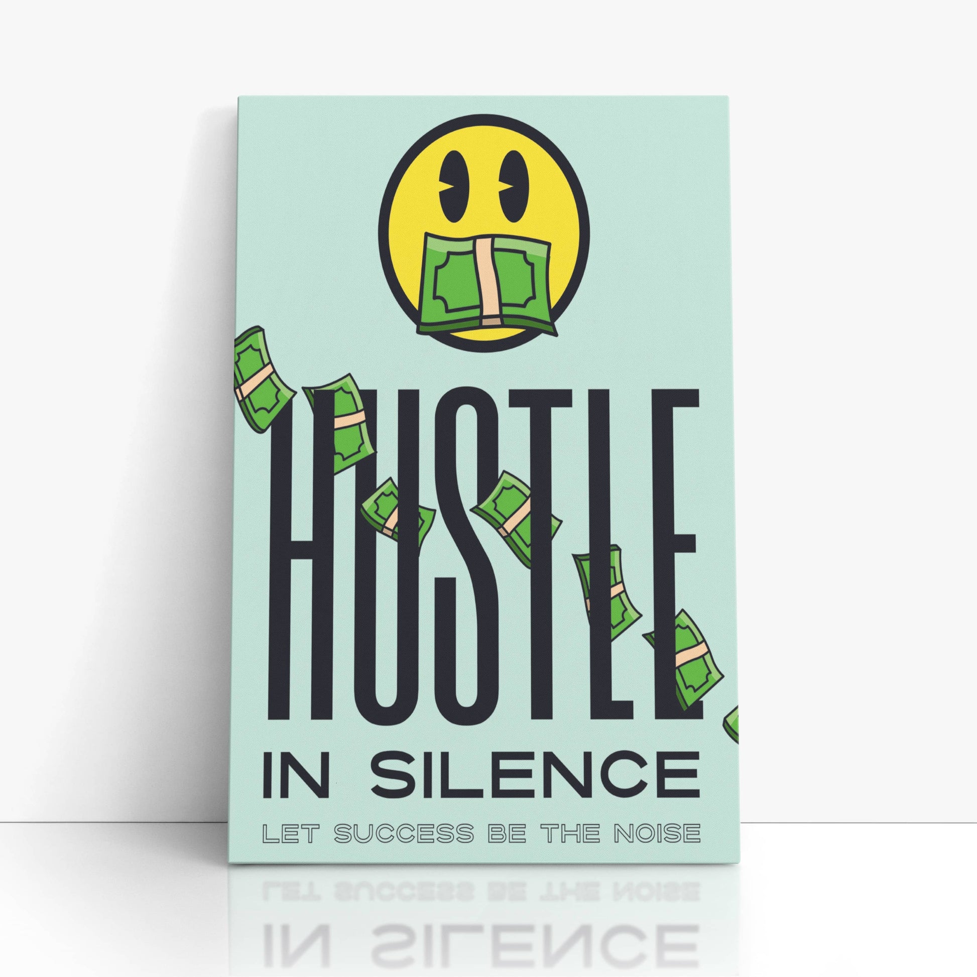 RYCANVAS Hustle in Silence Let Success Be The Noise Smiley Face Motivational Canvas Wall Art - Office Millionaire Pop Art Alec Monopoly Decor