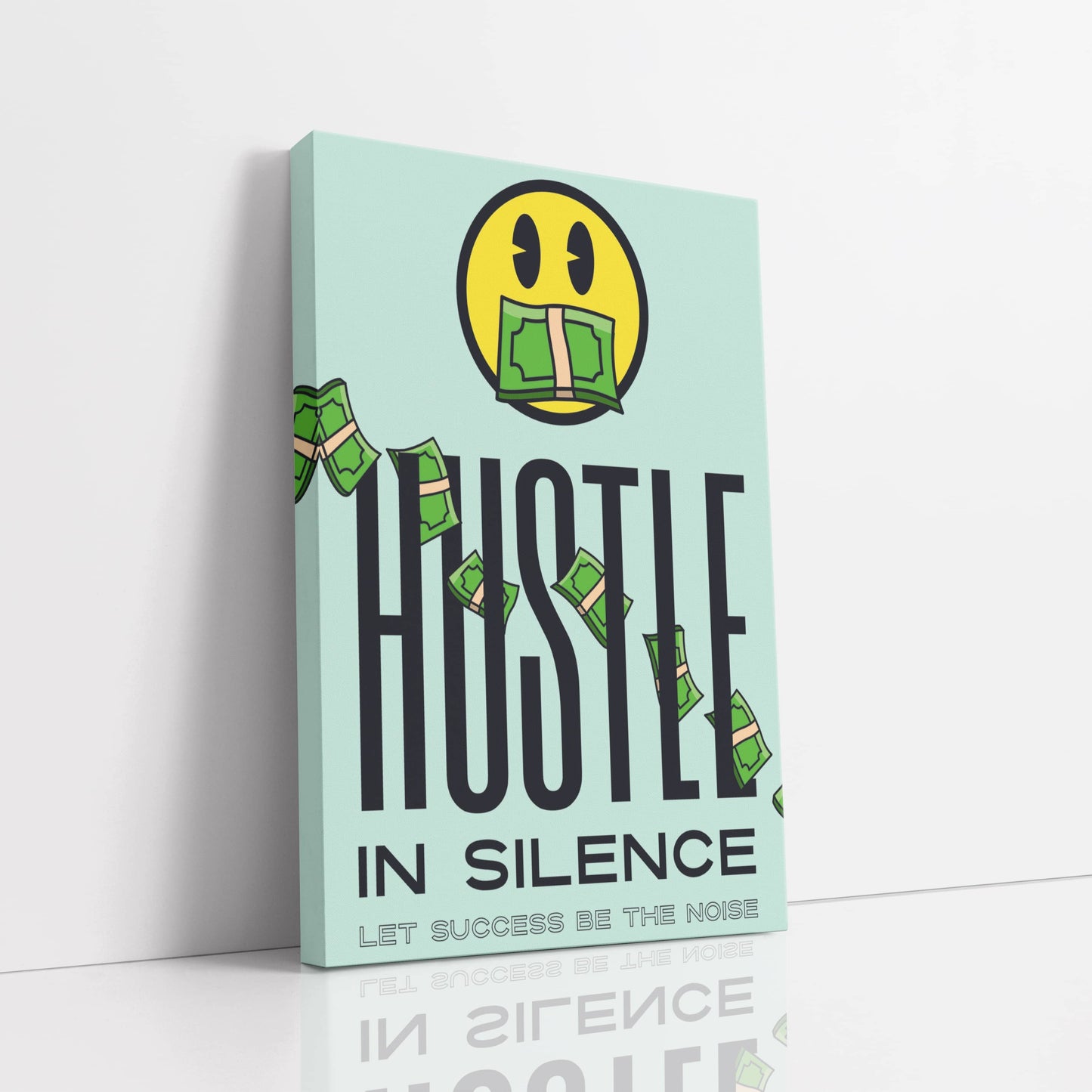 RYCANVAS Hustle in Silence Let Success Be The Noise Smiley Face Motivational Canvas Wall Art - Office Millionaire Pop Art Alec Monopoly Decor