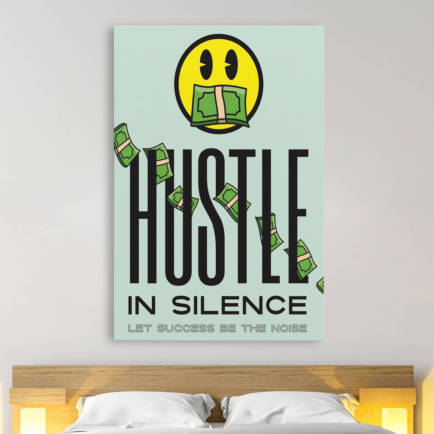 RYCANVAS Hustle in Silence Let Success Be The Noise Smiley Face Motivational Canvas Wall Art - Office Millionaire Pop Art Alec Monopoly Decor