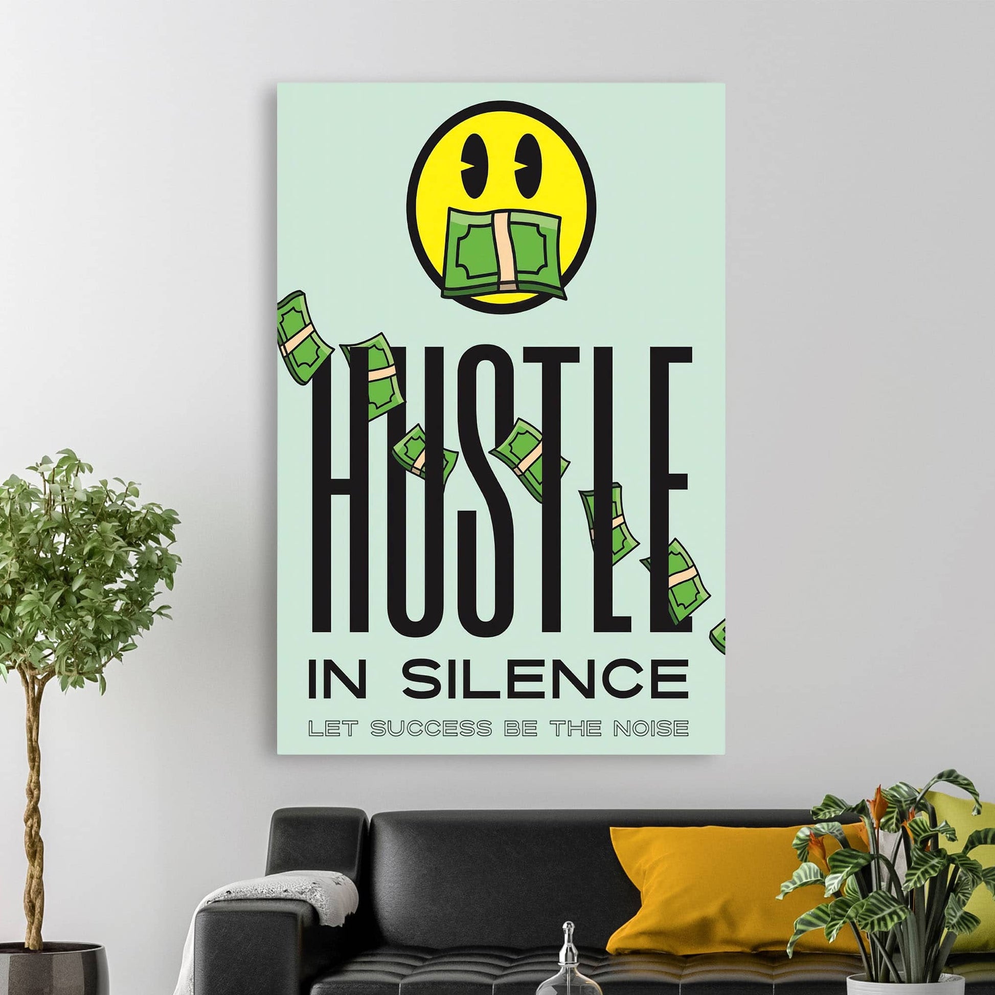 RYCANVAS Hustle in Silence Let Success Be The Noise Smiley Face Motivational Canvas Wall Art - Office Millionaire Pop Art Alec Monopoly Decor