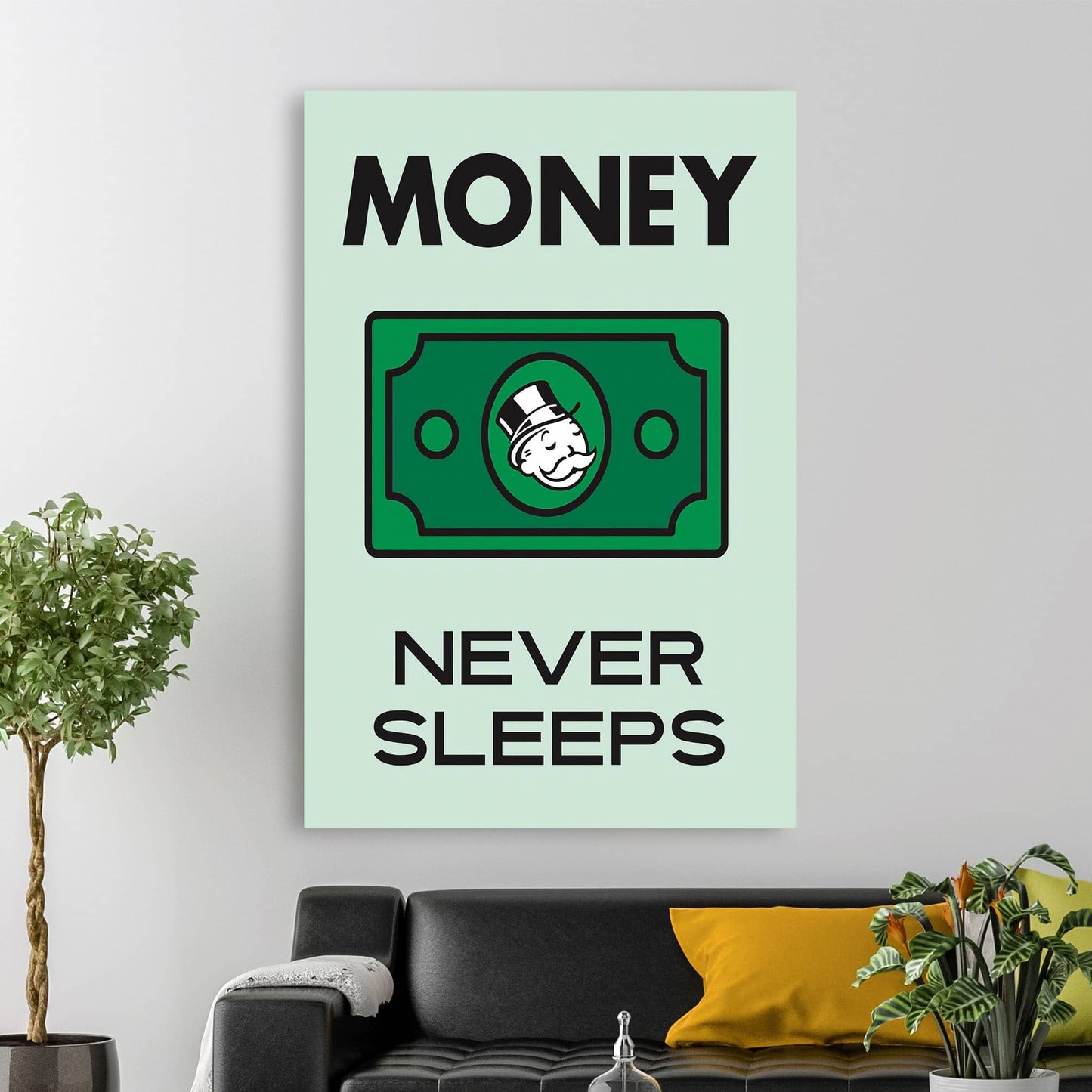 RYCANVAS Money Never Sleeps Motivational Canvas Wall Art - Office Millionaire Pop Art Alec Monopoly Decor