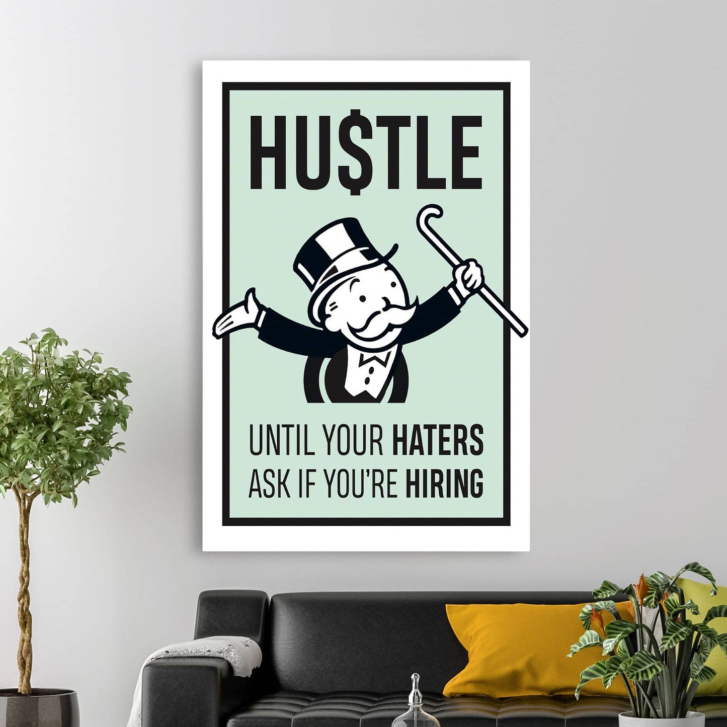 RYCANVAS Hustle Until Your Haters Ask If You're Hiring Motivational Canvas Wall Art - Office Millionaire Pop Art Alec Monopoly Decor