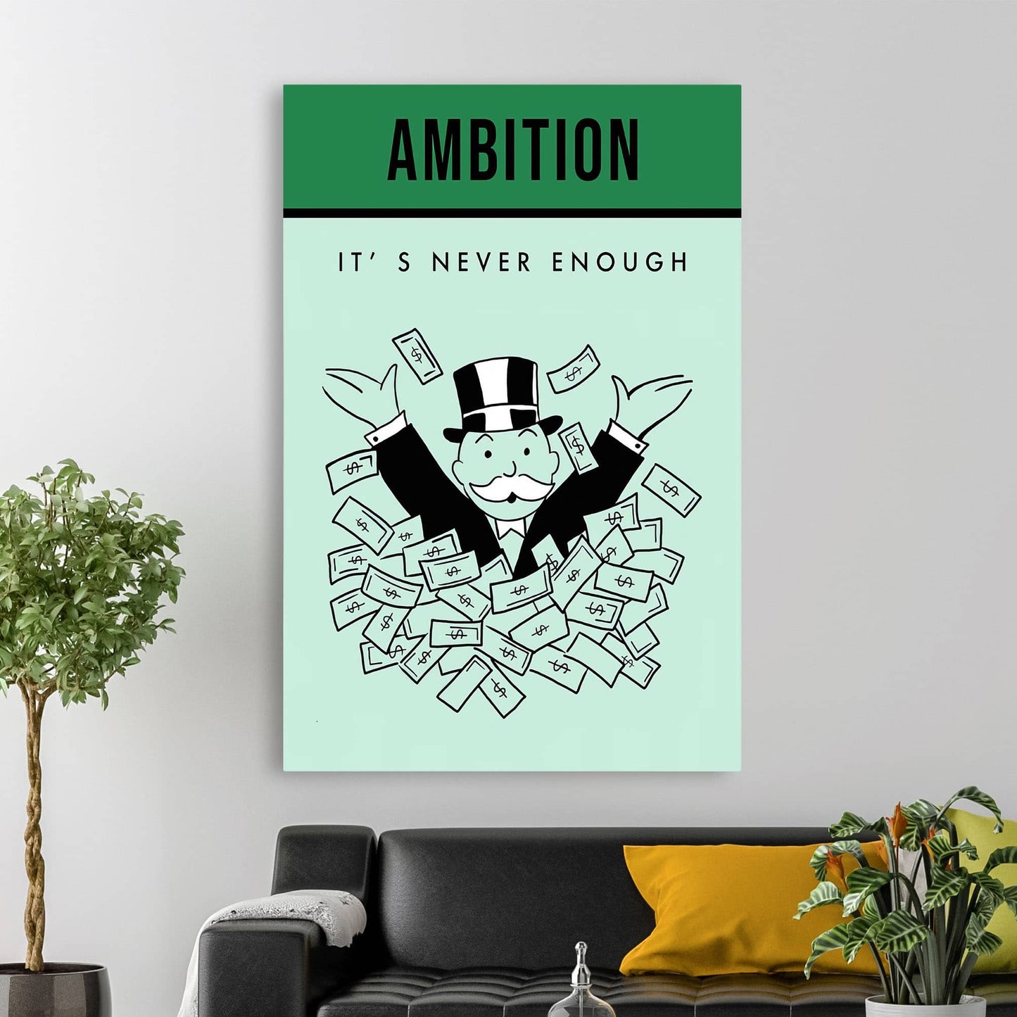 RYCANVAS Ambition It's Never Enough Motivational Canvas Wall Art - Office Millionaire Pop Art Alec Monopoly DŽcor