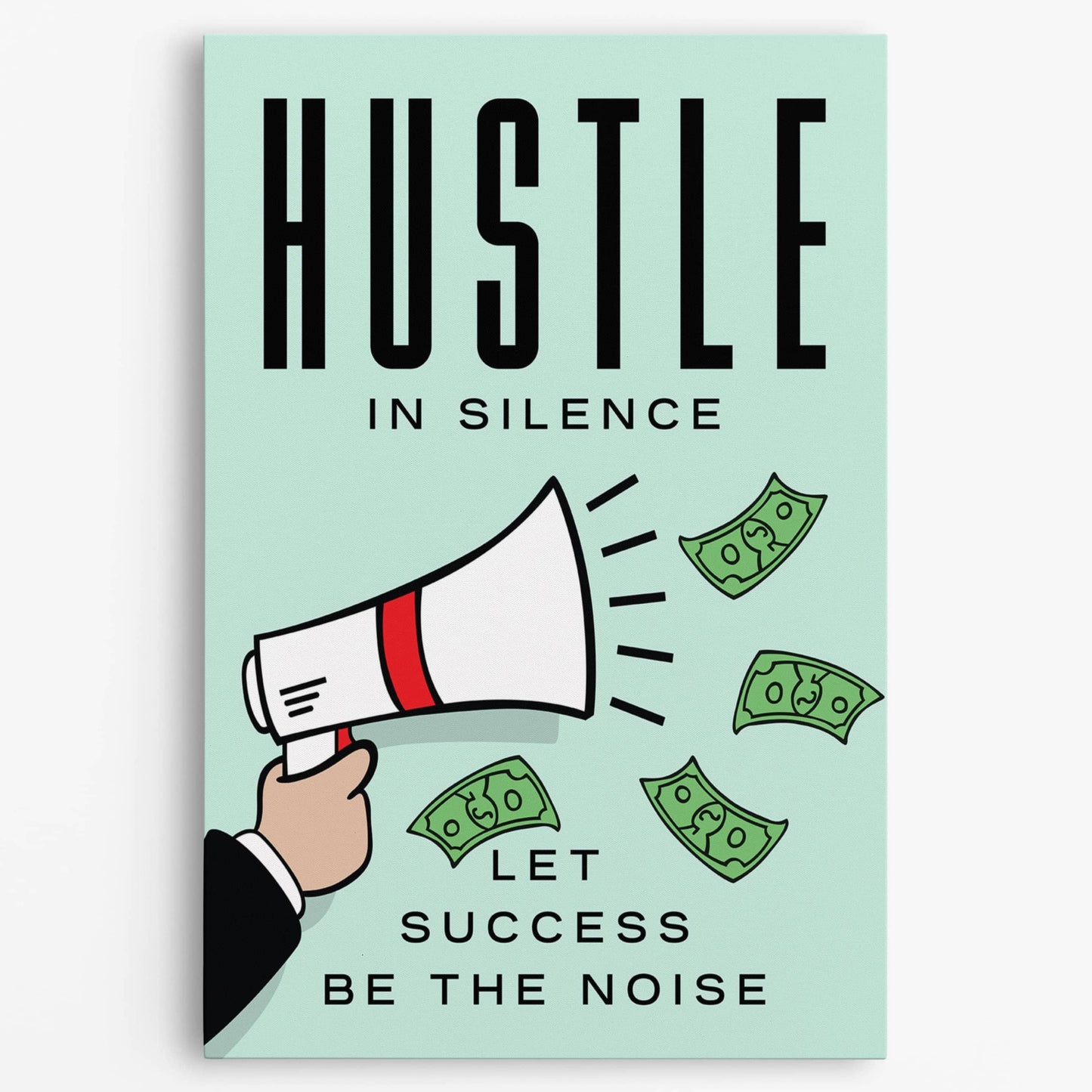 RYCANVAS Hustle in Silence Let Success Be The Noise Megaphone Motivational Canvas Wall Art - Office Millionaire Pop Art Alec Monopoly Decor