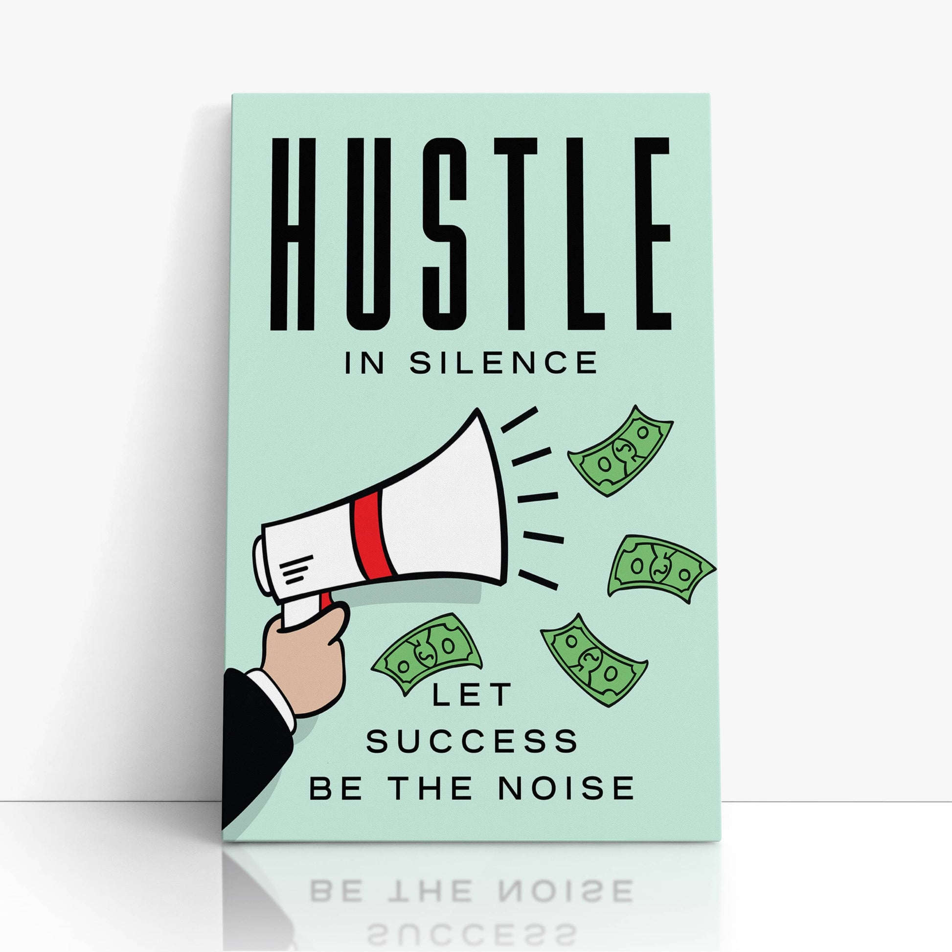 RYCANVAS Hustle in Silence Let Success Be The Noise Megaphone Motivational Canvas Wall Art - Office Millionaire Pop Art Alec Monopoly Decor