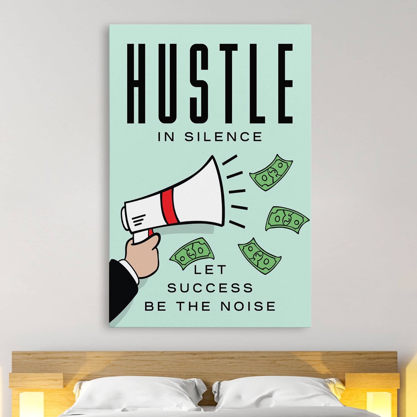 RYCANVAS Hustle in Silence Let Success Be The Noise Megaphone Motivational Canvas Wall Art - Office Millionaire Pop Art Alec Monopoly Decor