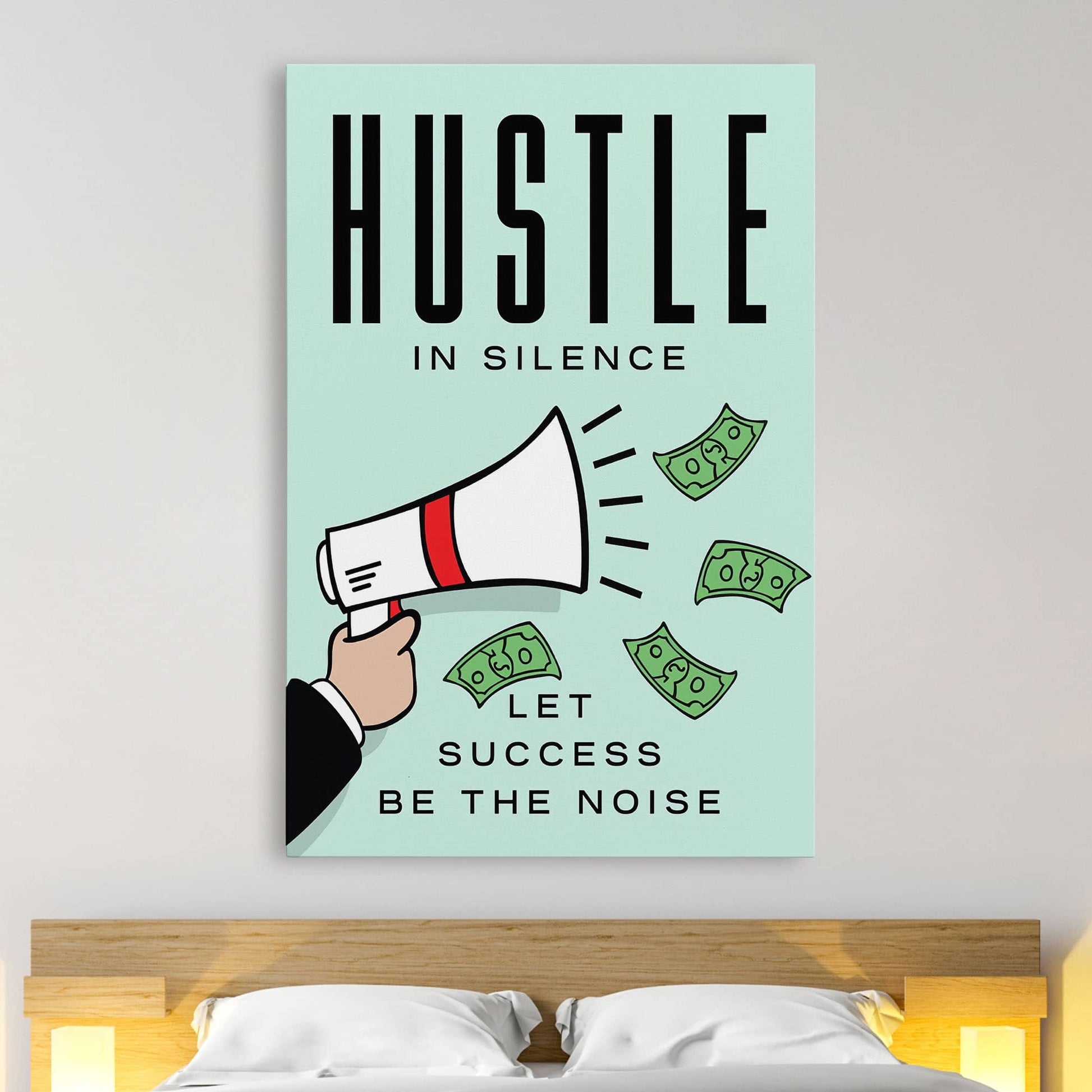 RYCANVAS Hustle in Silence Let Success Be The Noise Megaphone Motivational Canvas Wall Art - Office Millionaire Pop Art Alec Monopoly Decor