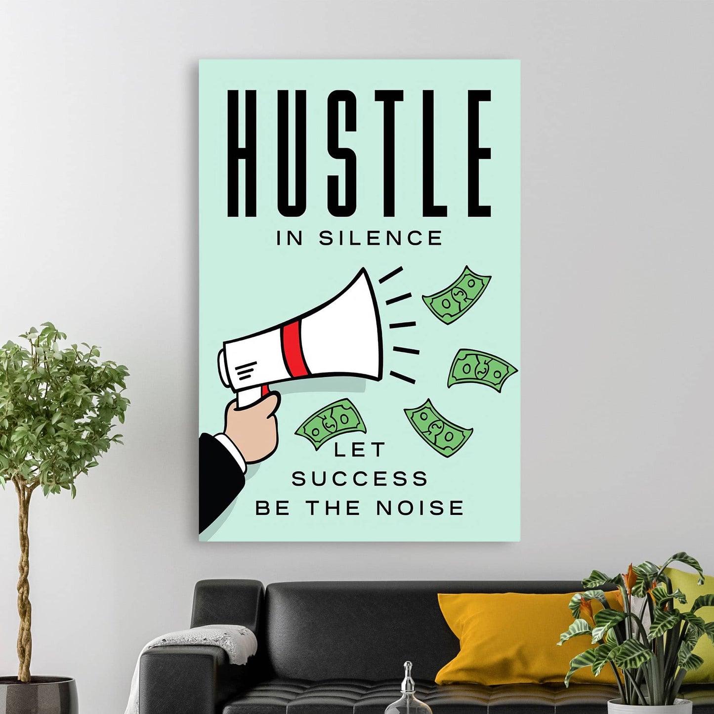 RYCANVAS Hustle in Silence Let Success Be The Noise Megaphone Motivational Canvas Wall Art - Office Millionaire Pop Art Alec Monopoly Decor