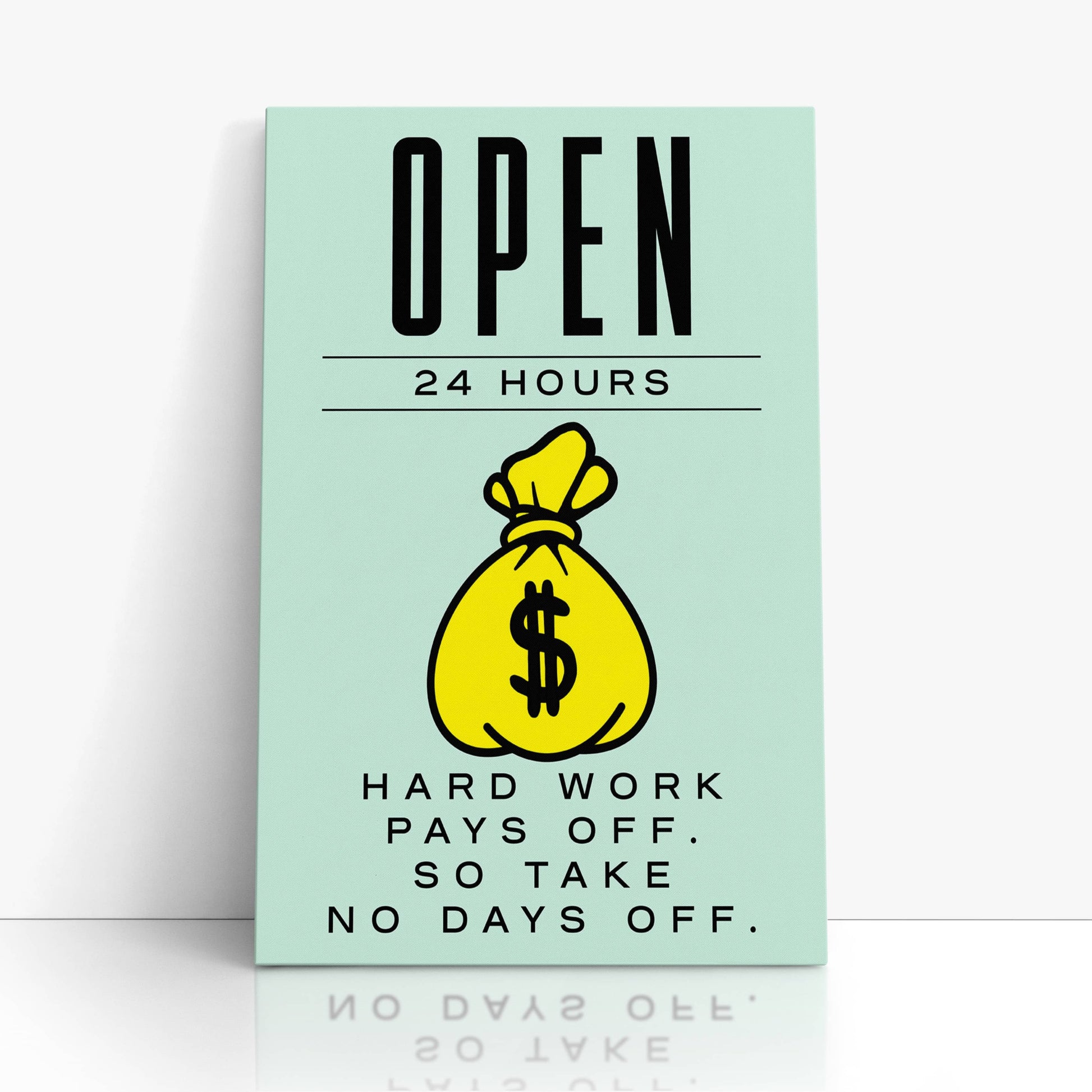 RYCANVAS Open 24 Hours Hard Work Pays Off Motivational Canvas Wall Art - Office Millionaire Pop Art Alec Monopoly Decor