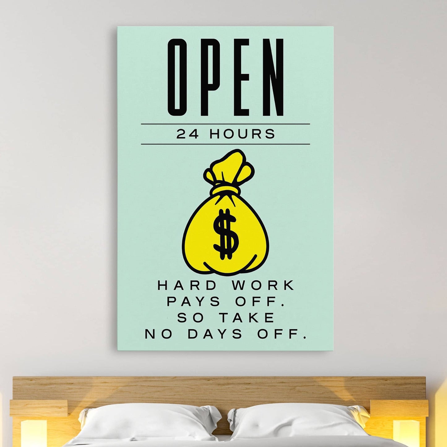 RYCANVAS Open 24 Hours Hard Work Pays Off Motivational Canvas Wall Art - Office Millionaire Pop Art Alec Monopoly Decor