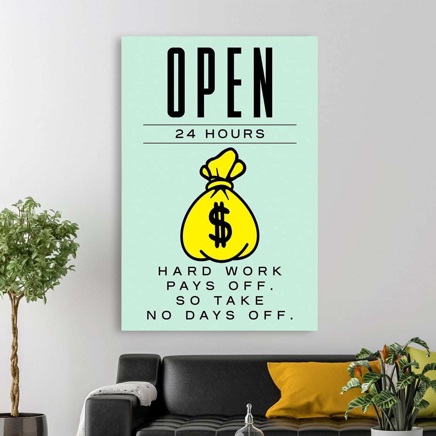 RYCANVAS Open 24 Hours Hard Work Pays Off Motivational Canvas Wall Art - Office Millionaire Pop Art Alec Monopoly Decor