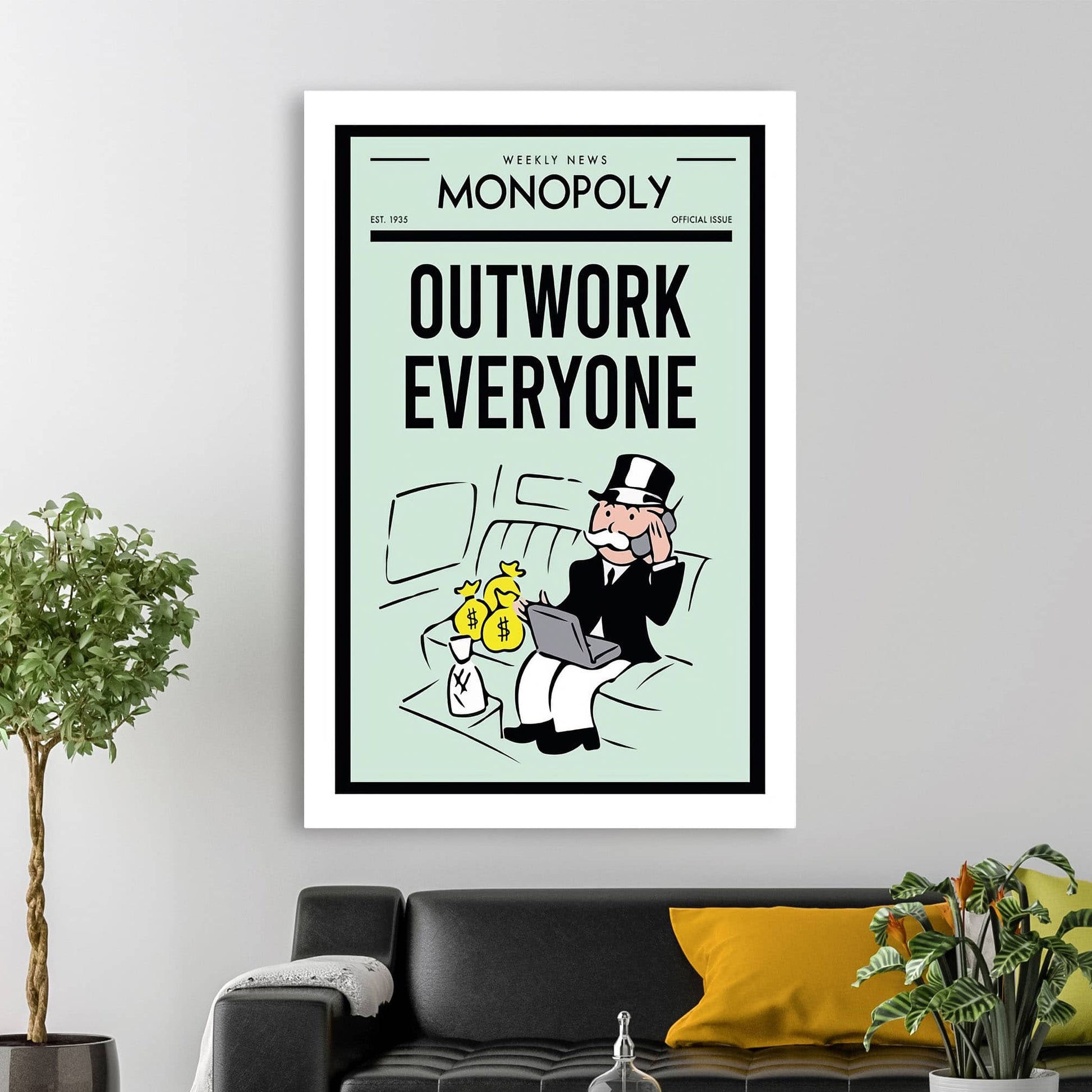 RYCANVAS Weekly News Outwork Everyone Motivational Canvas Wall Art - Office Millionaire Pop Art Alec Monopoly Decor