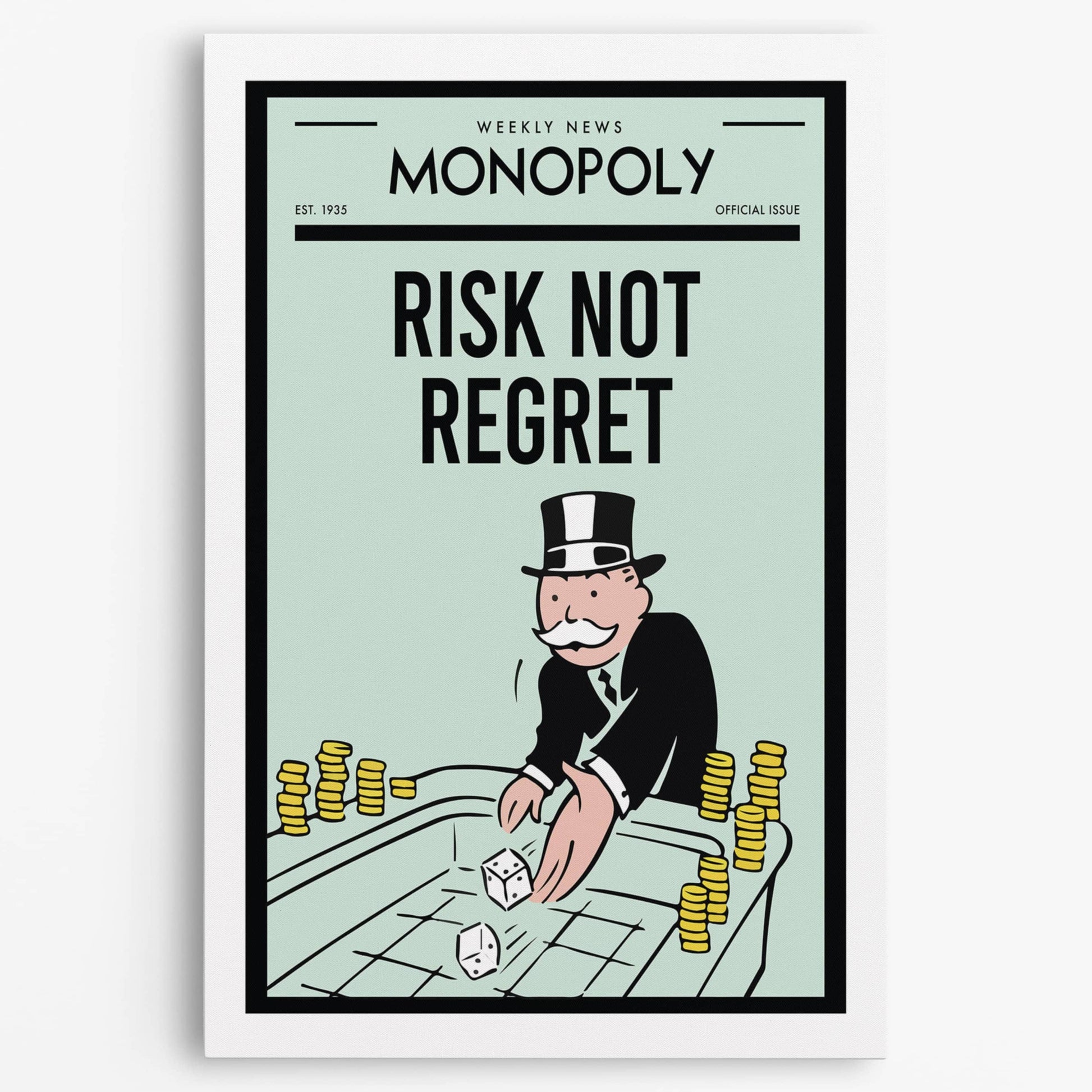 RYCANVAS Weekly News Risk not Regret Motivational Canvas Wall Art - Office Millionaire Pop Art Alec Monopoly Decor