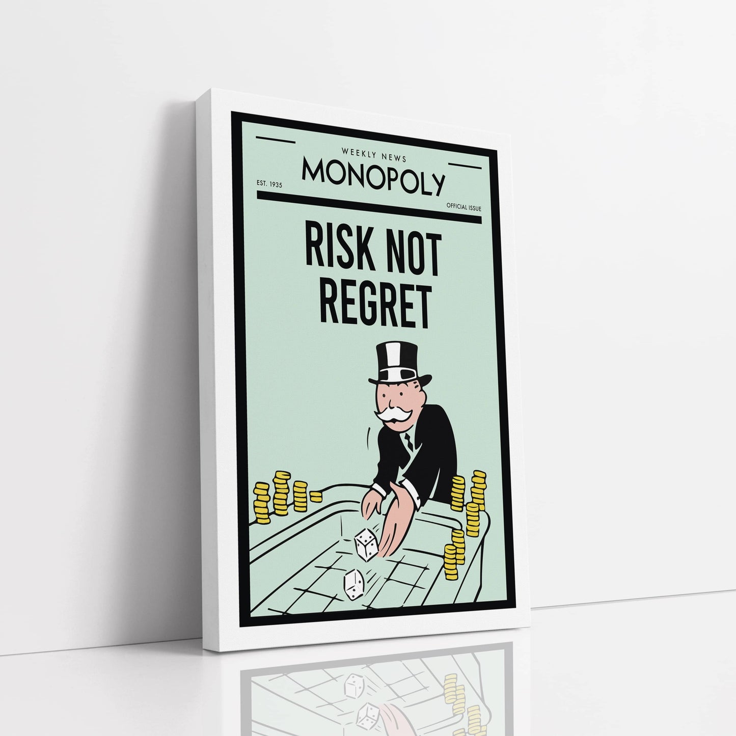 RYCANVAS Weekly News Risk not Regret Motivational Canvas Wall Art - Office Millionaire Pop Art Alec Monopoly Decor