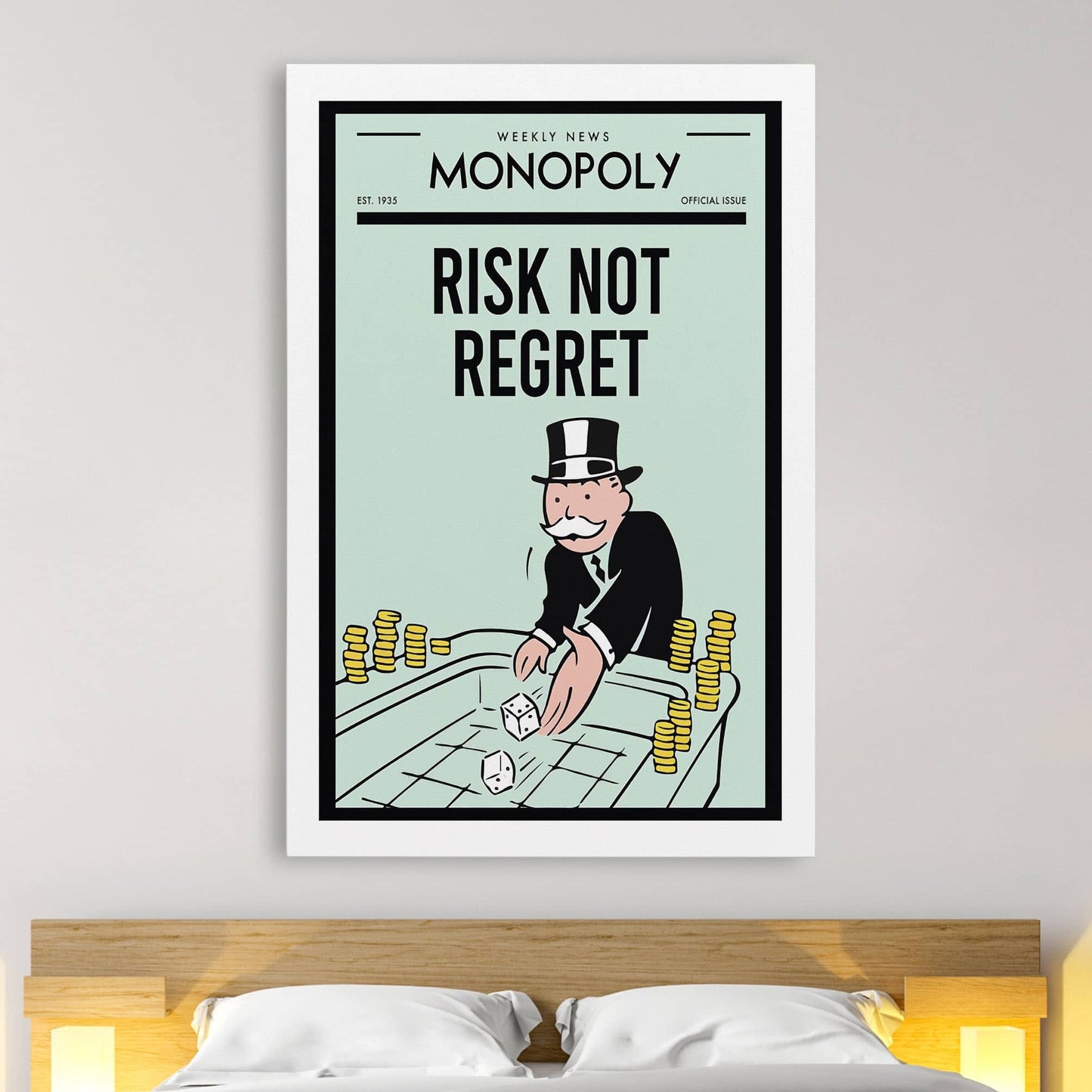 RYCANVAS Weekly News Risk not Regret Motivational Canvas Wall Art - Office Millionaire Pop Art Alec Monopoly Decor