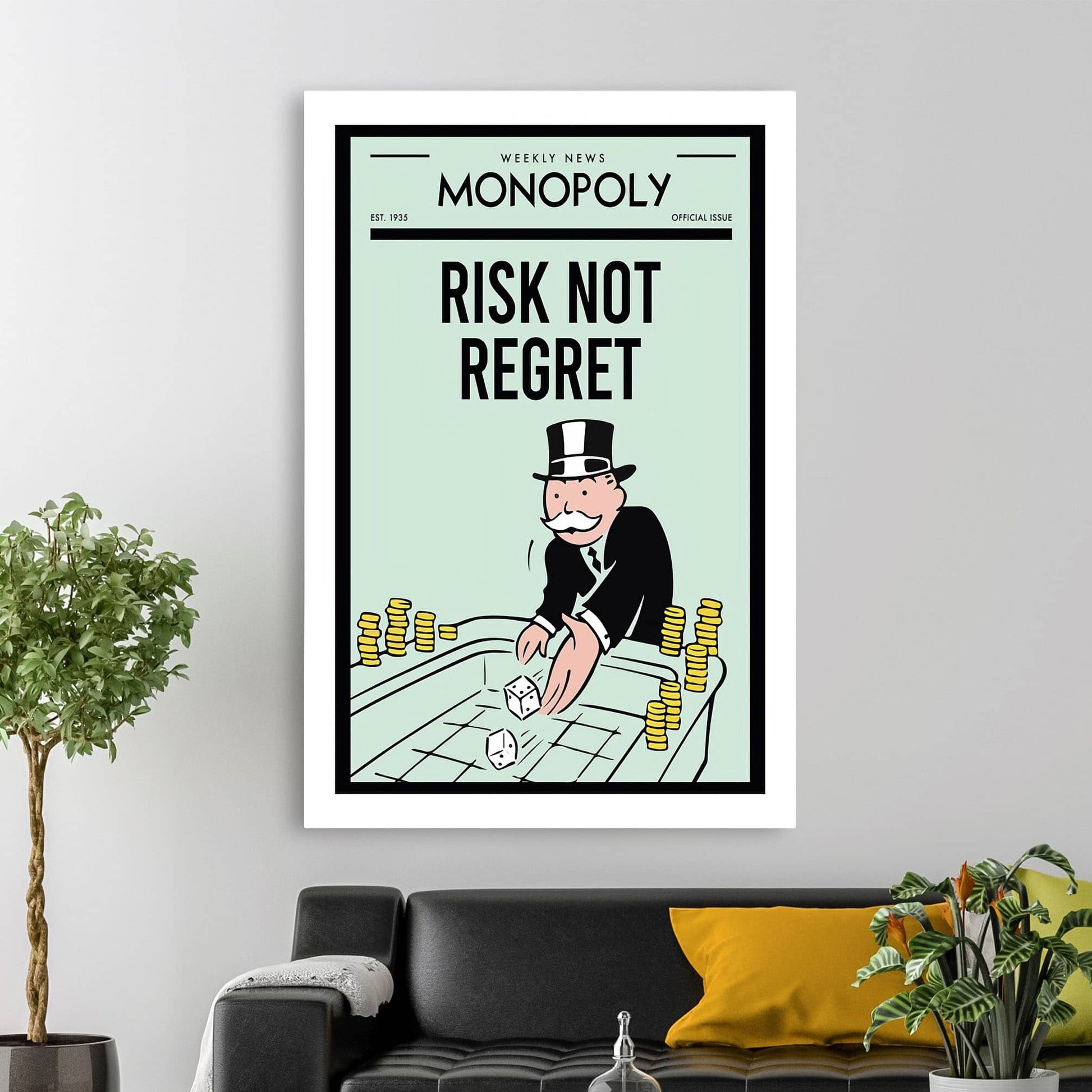 RYCANVAS Weekly News Risk not Regret Motivational Canvas Wall Art - Office Millionaire Pop Art Alec Monopoly Decor