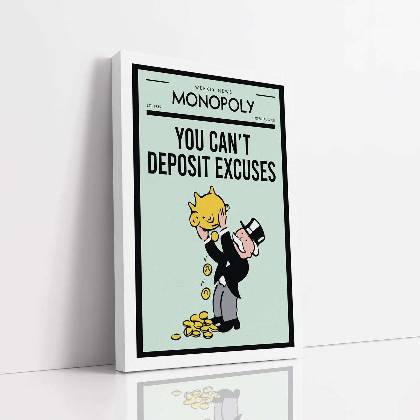 RYCANVAS Weekly News You Can't Deposit Excuses Motivational Canvas Wall Art - Office Millionaire Pop Art Alec Monopoly Decor