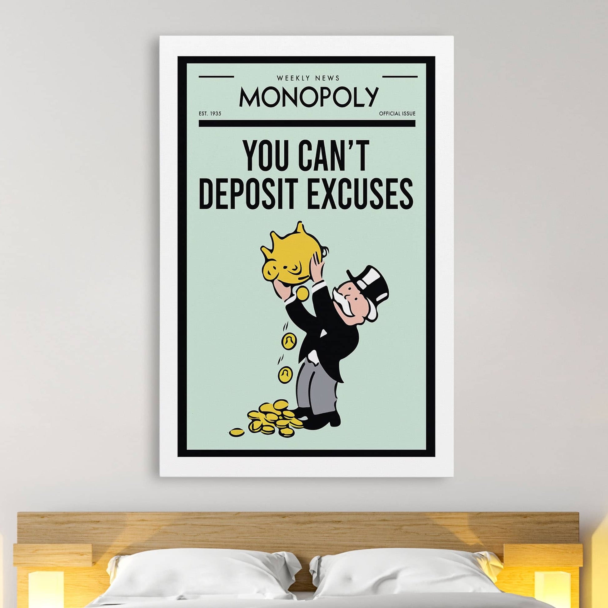 RYCANVAS Weekly News You Can't Deposit Excuses Motivational Canvas Wall Art - Office Millionaire Pop Art Alec Monopoly Decor