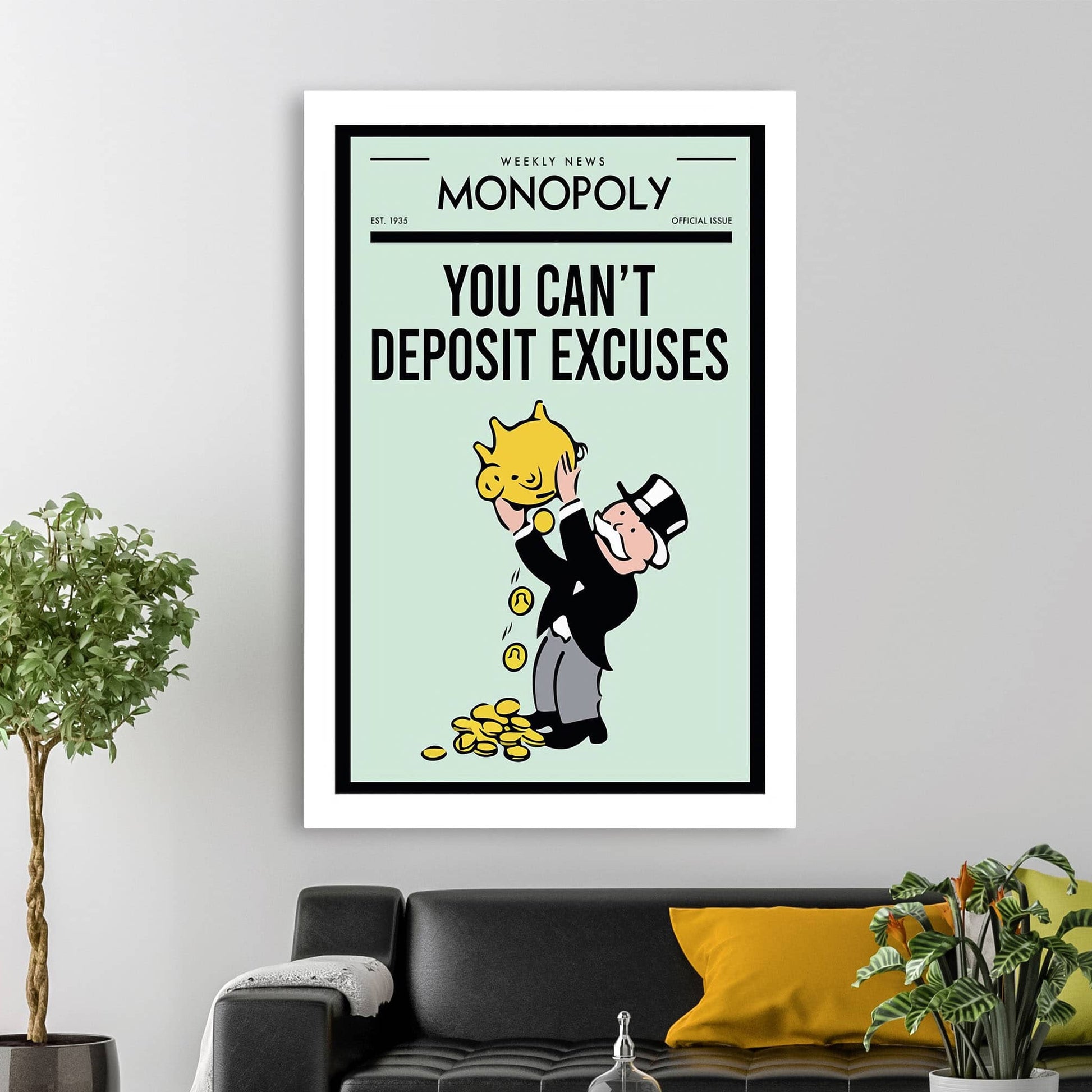 RYCANVAS Weekly News You Can't Deposit Excuses Motivational Canvas Wall Art - Office Millionaire Pop Art Alec Monopoly Decor