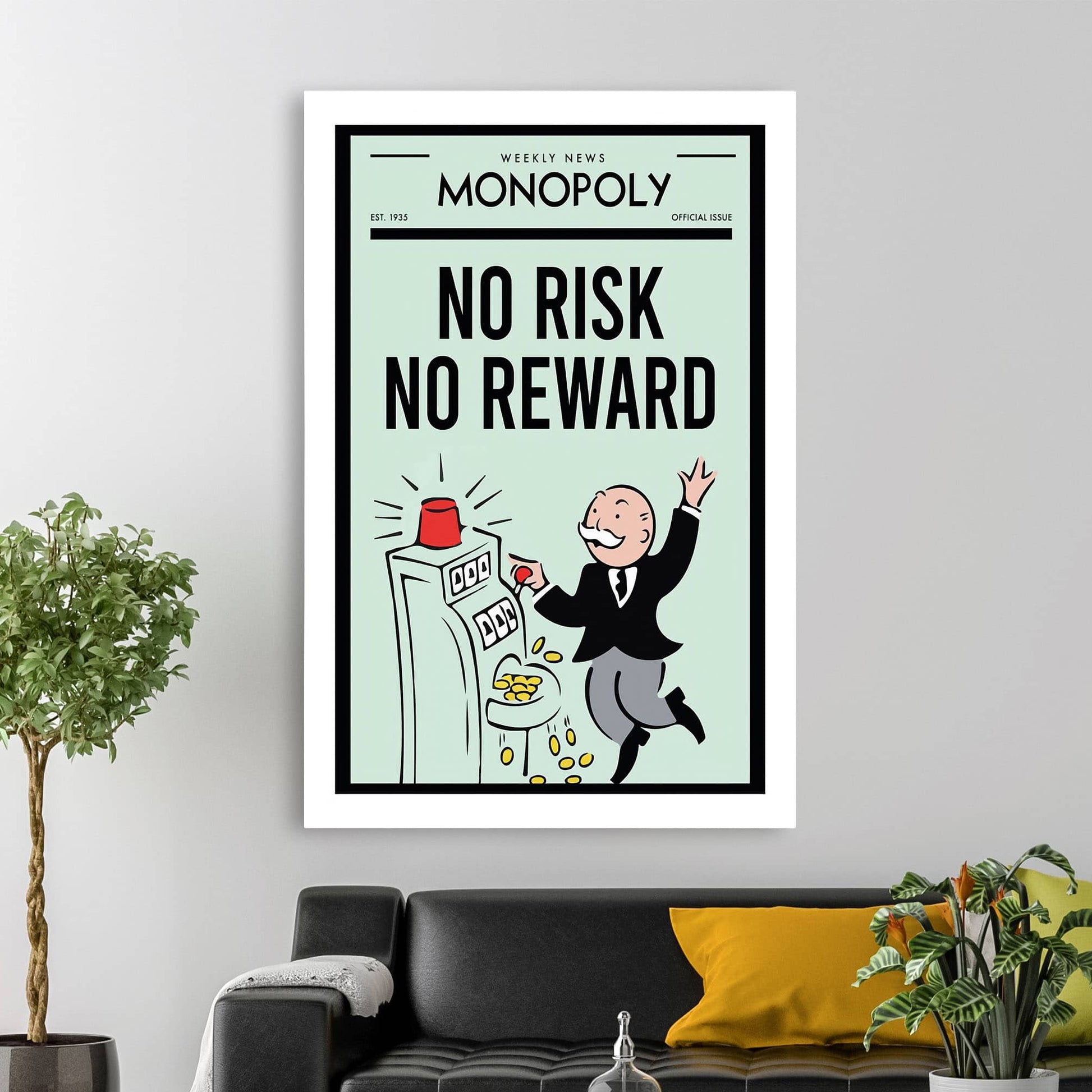 RYCANVAS Weekly News No Risk No Reward Motivational Canvas Wall Art - Office Millionaire Pop Art Alec Monopoly Decor