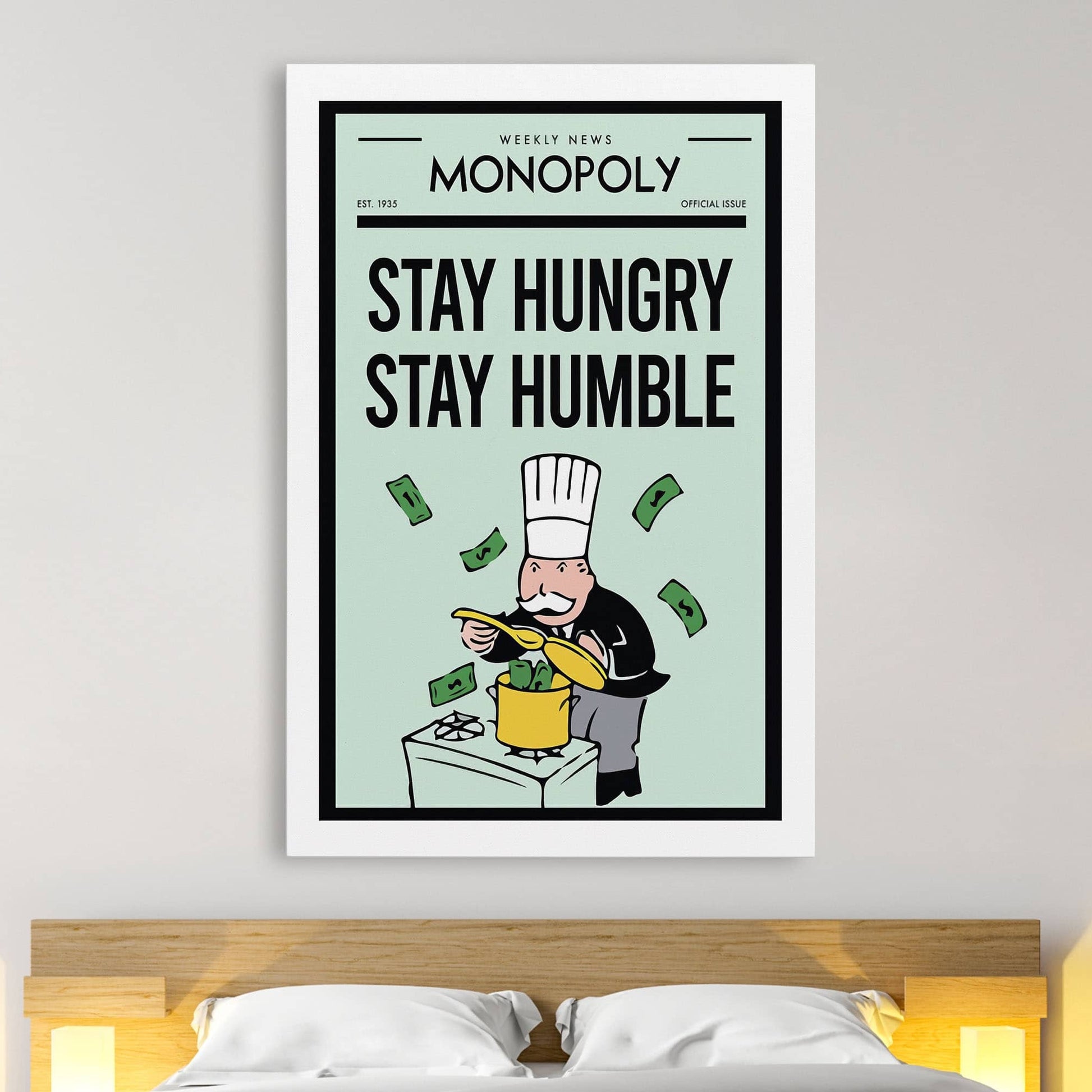 RYCANVAS Weekly News Stay Hungry Stay Humble Motivational Canvas Wall Art - Office Millionaire Pop Art Alec Monopoly Decor