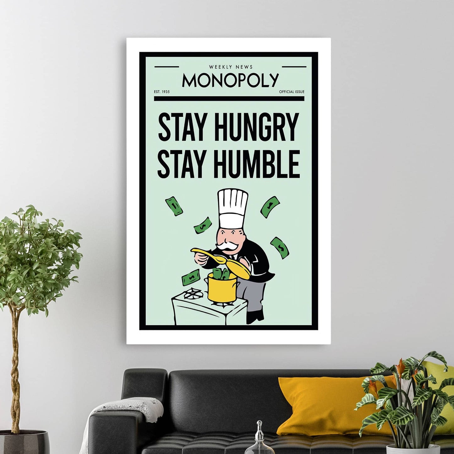 RYCANVAS Weekly News Stay Hungry Stay Humble Motivational Canvas Wall Art - Office Millionaire Pop Art Alec Monopoly Decor